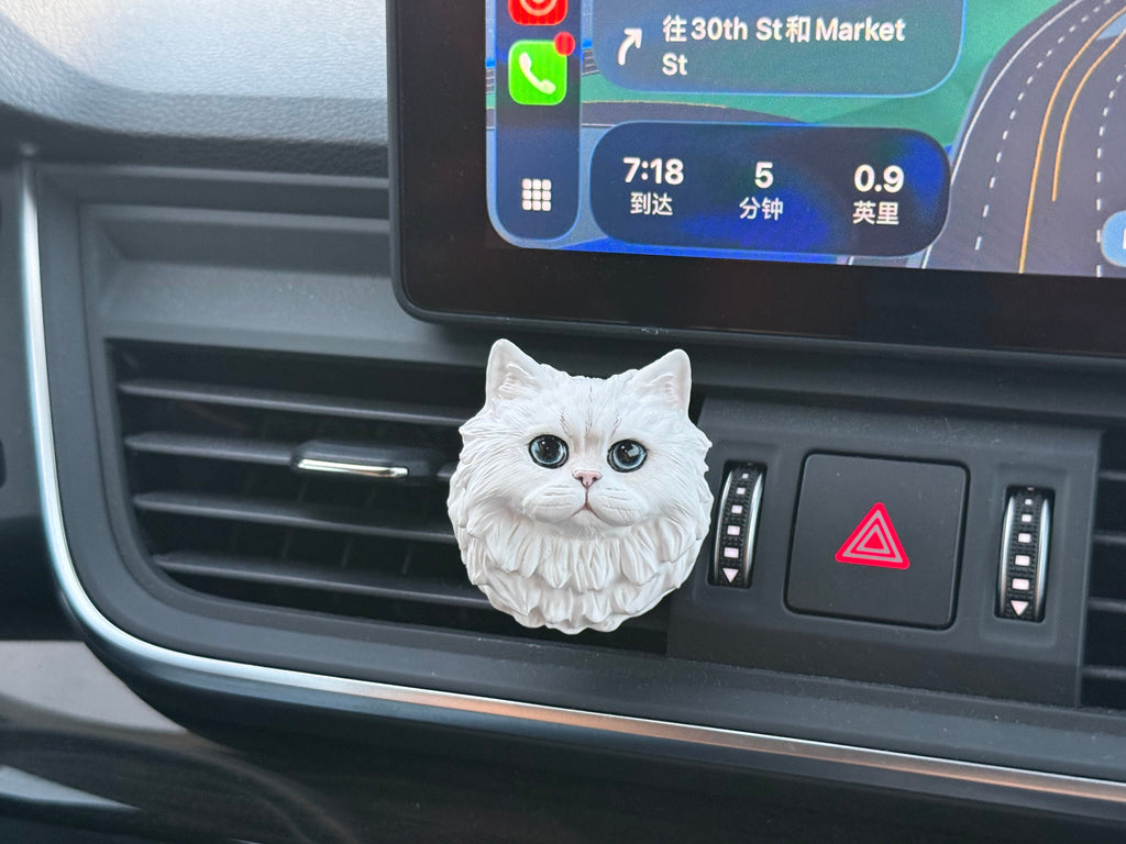 Custom white cat car vent diffuser ornament, front view