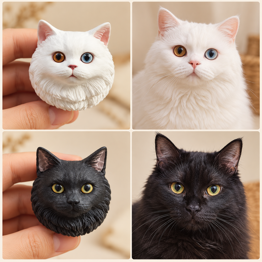 Hand-painted cat ornaments compared with pet reference photos