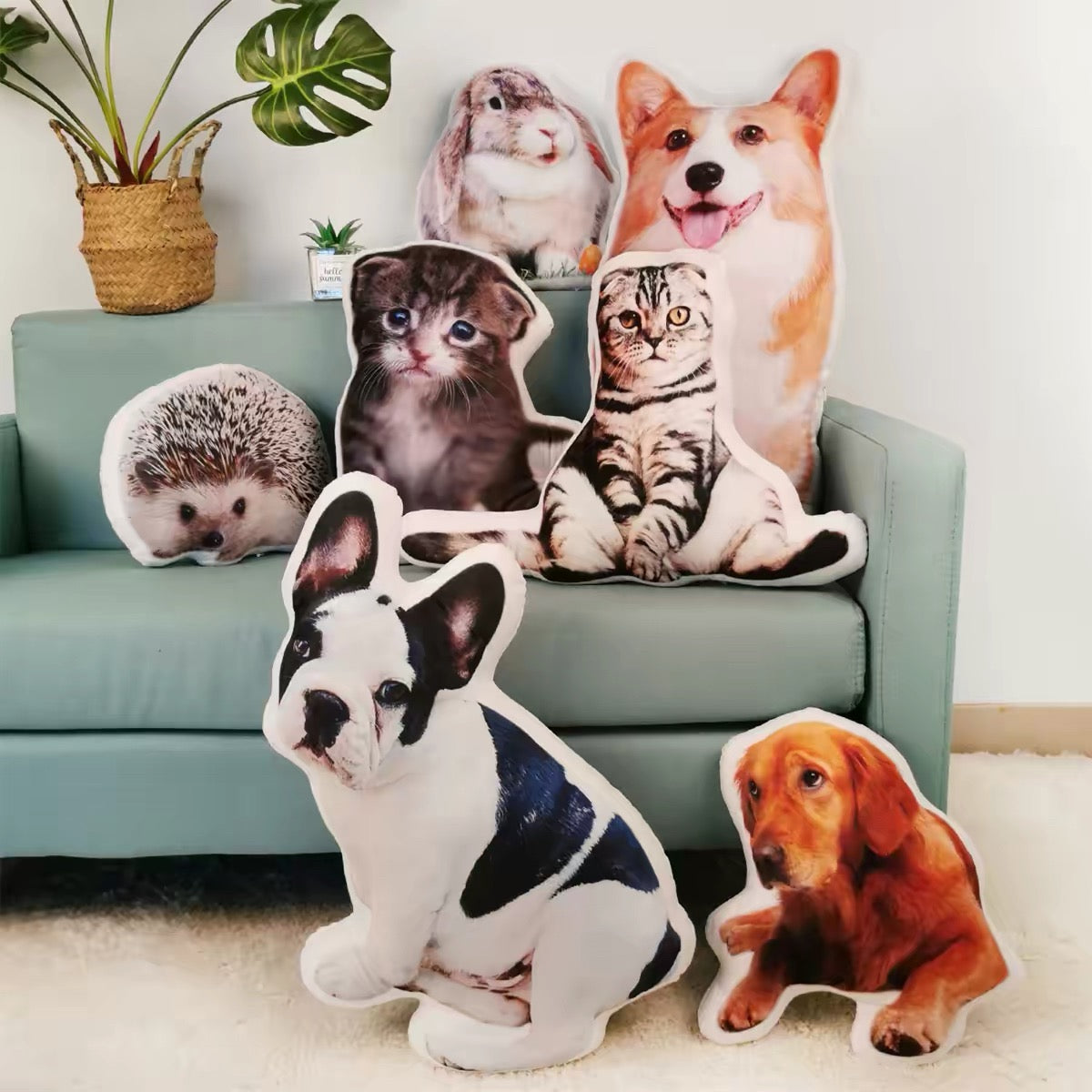 Custom pet photo pillows on a sofa