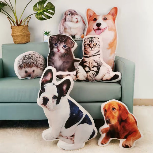 Custom pet photo pillows on a sofa