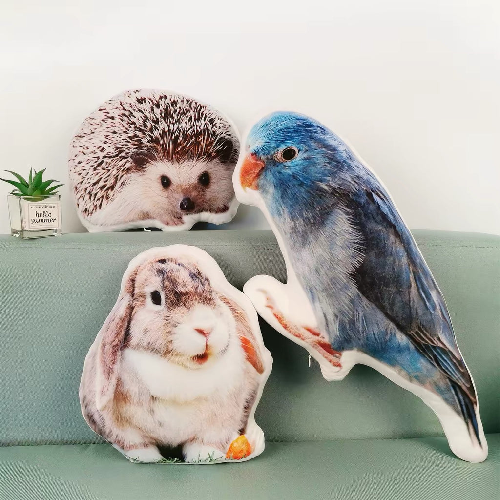 Hedgehog, rabbit and bird shaped custom pet pillows