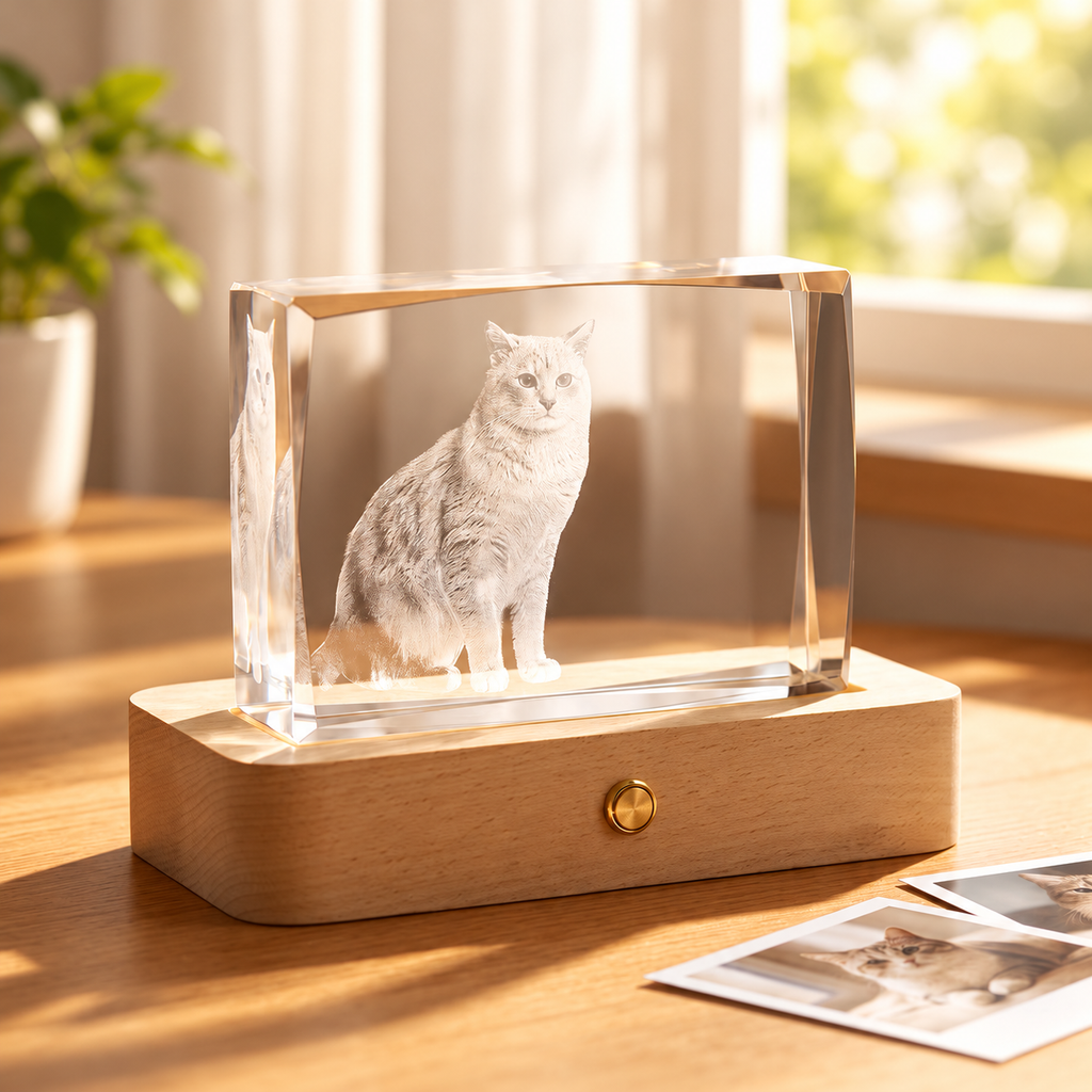 Custom engraved pet crystal with a warm wooden light base